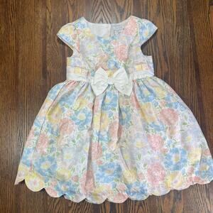 Tahari Girl Pastel Floral Bubble Hem Dress White Bow Lined Summer Girls Size 4T